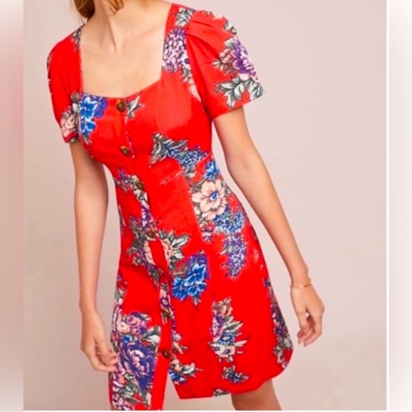Anthropologie Maeve Red Floral Caldwell Dress - Picture 2 of 13
